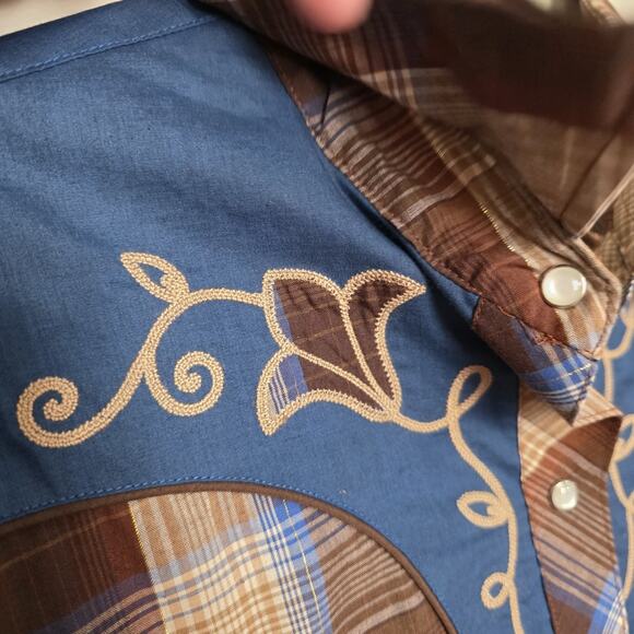Roper Embroidered Plaid Western Shirt Mens XL Pearl Snap Rodeo Blue Brown Lurex - Picture 3 of 10